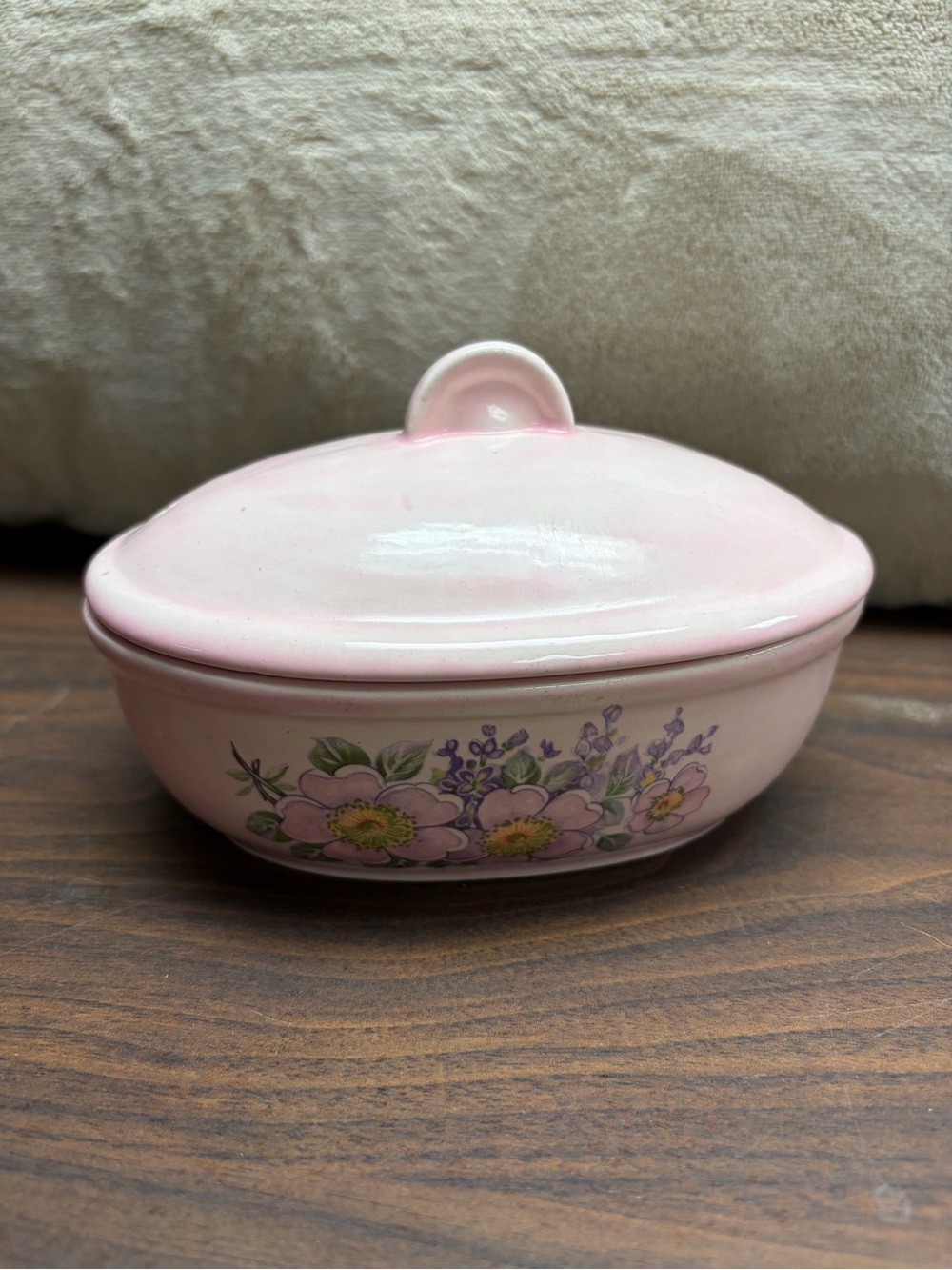 Vintage Pink California Pottery Lidded Casserole Dish Wild Rose Lilac Floral